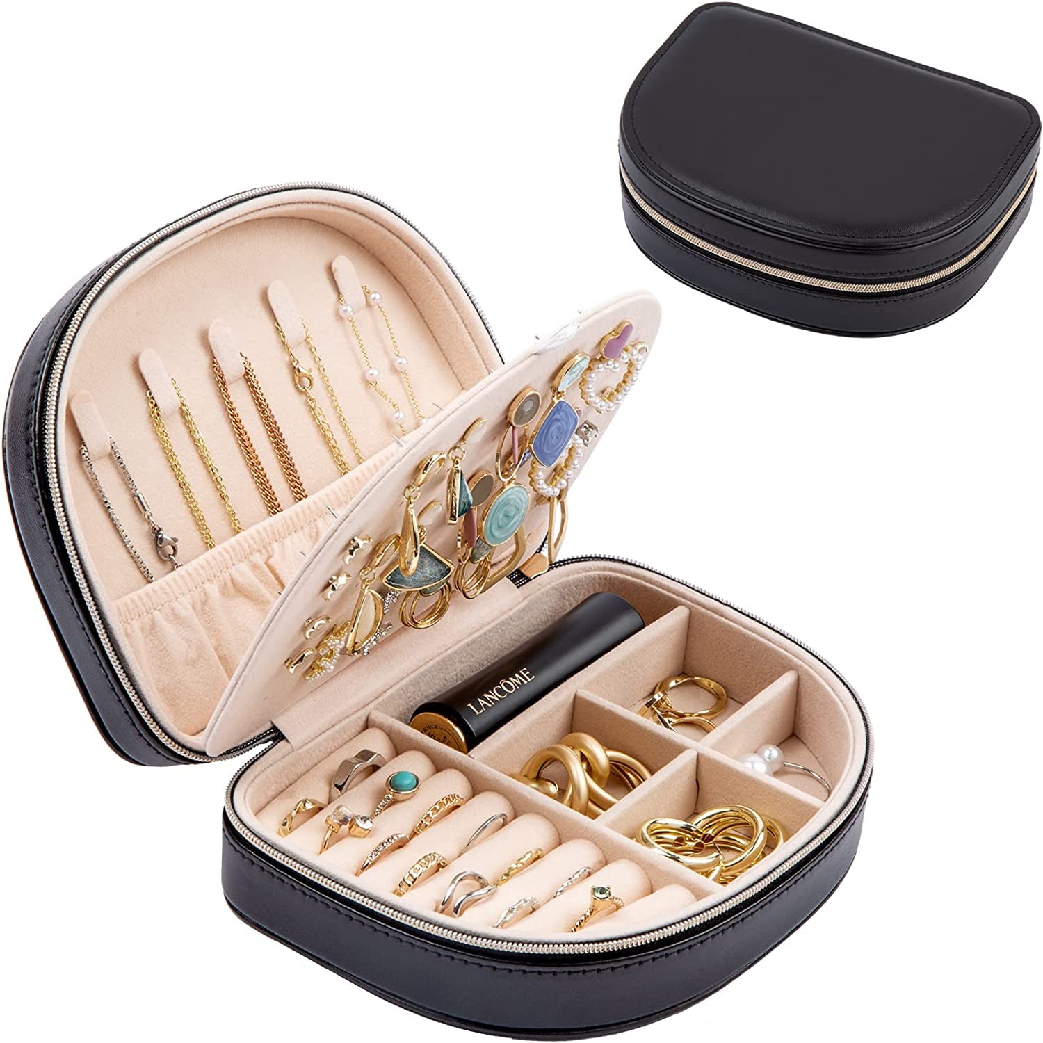 Travel Size Jewelry Box, Medium Portable Seashell-Shaped Jewelry Case, 2 Layer Jewelry Organizer in PU Leather for Women -Black